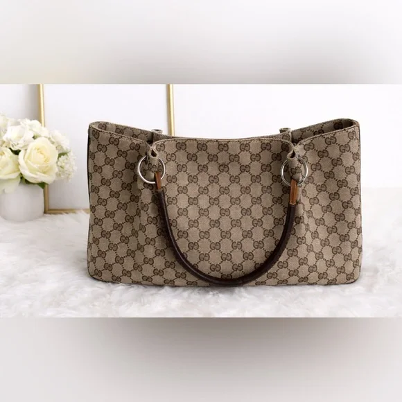 Gucci GG Canvas Tote Bag Brown Beige Leather Handles Classic Authentic - Picture 2 of 12